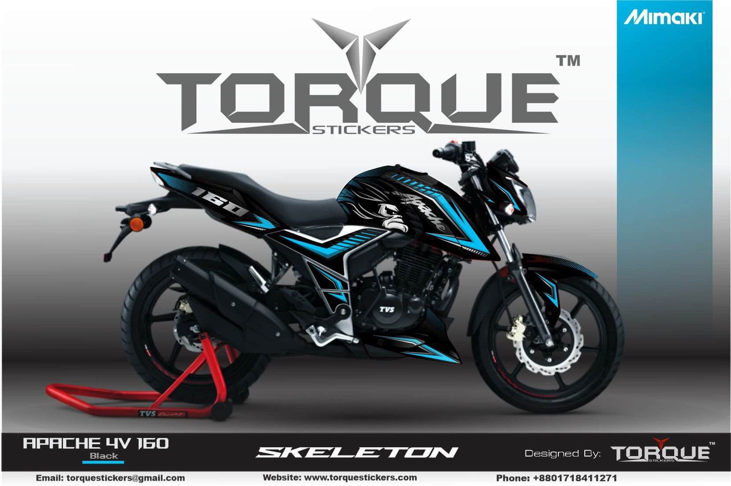 A motorcycle with blue and black Torque Stickers’ Apache 4V Ape decal kit displayed on a product page.