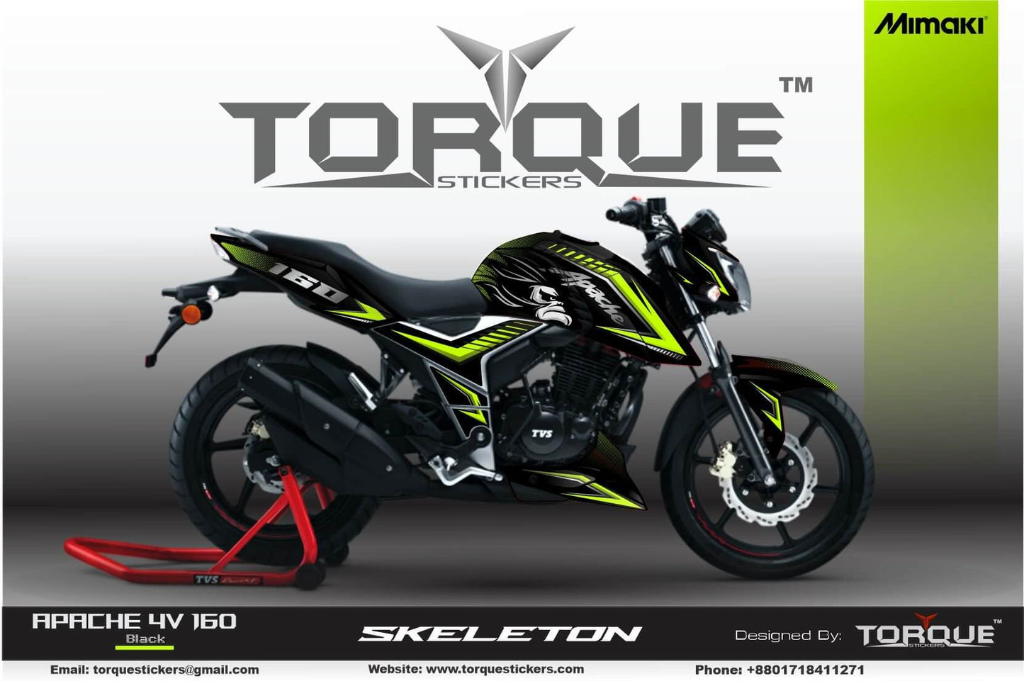 Apache 4v Ape decal Kit displayed on a black motorcycle with green accents, designed by Torque Stickers.