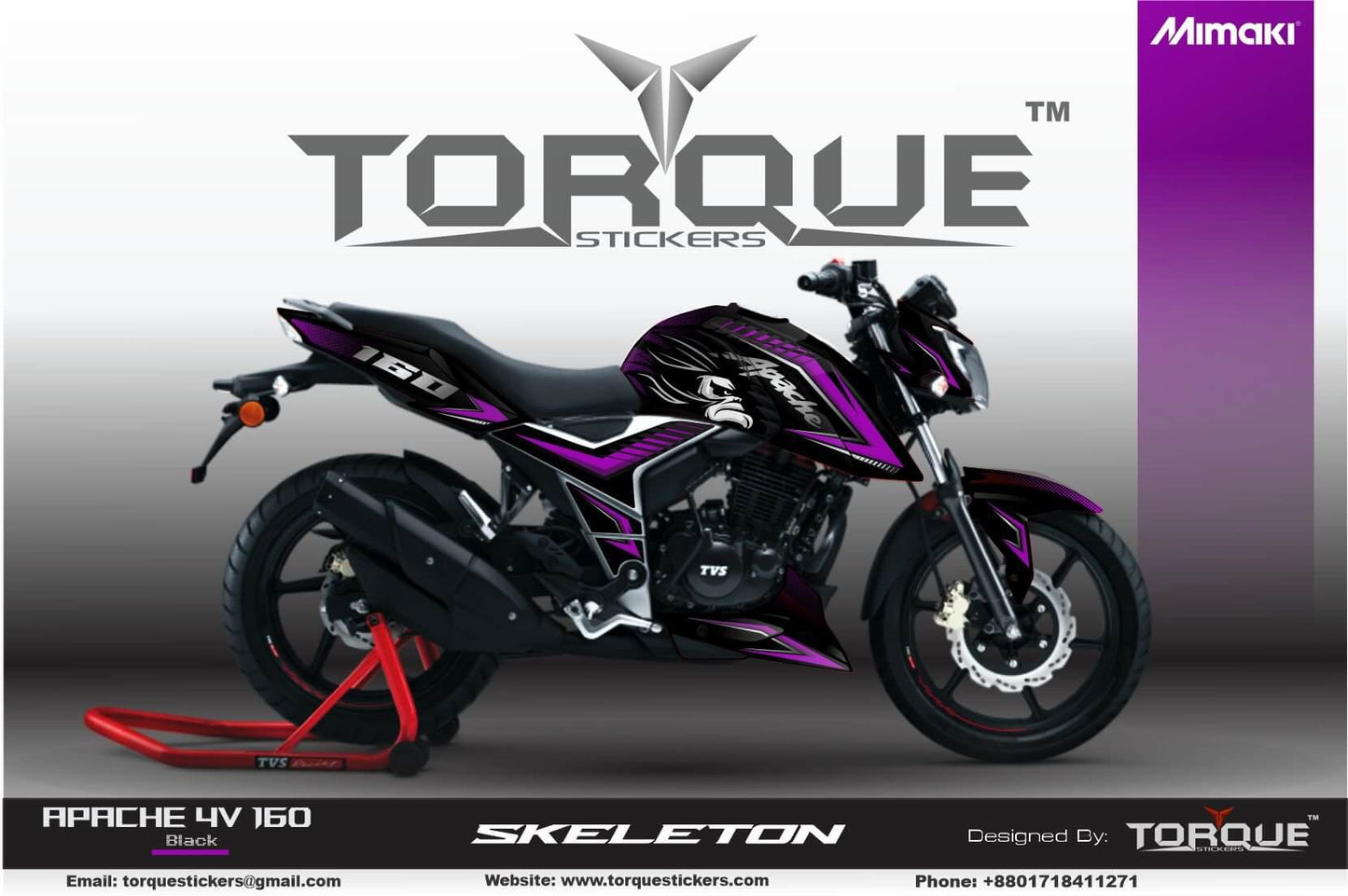 Side view of a black Apache 4v Ape motorcycle with purple, white, and pink decals from Torque Stickers on a product page.