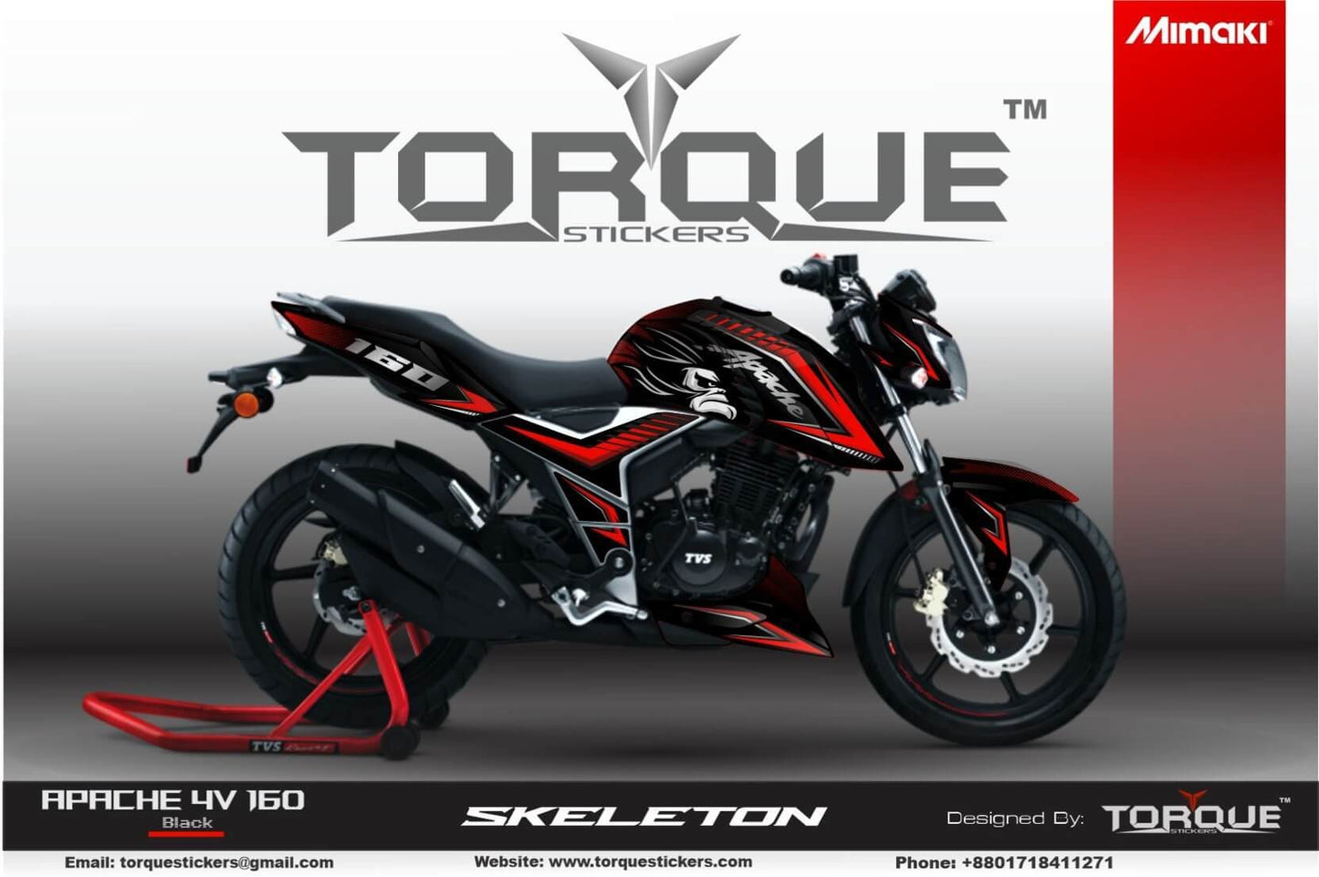 Apache 4v Ape decal Kit displayed on a motorcycle, showcasing black and red graphics with "Torque Stickers" branding in the background.