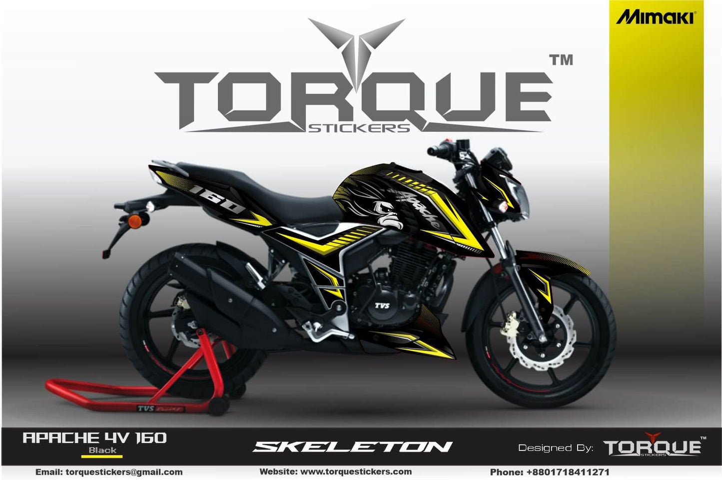 Apache 4v Ape decal Kit displayed on a product page. Depicts a motorcycle with bold graphics and "TORQUE" branding.