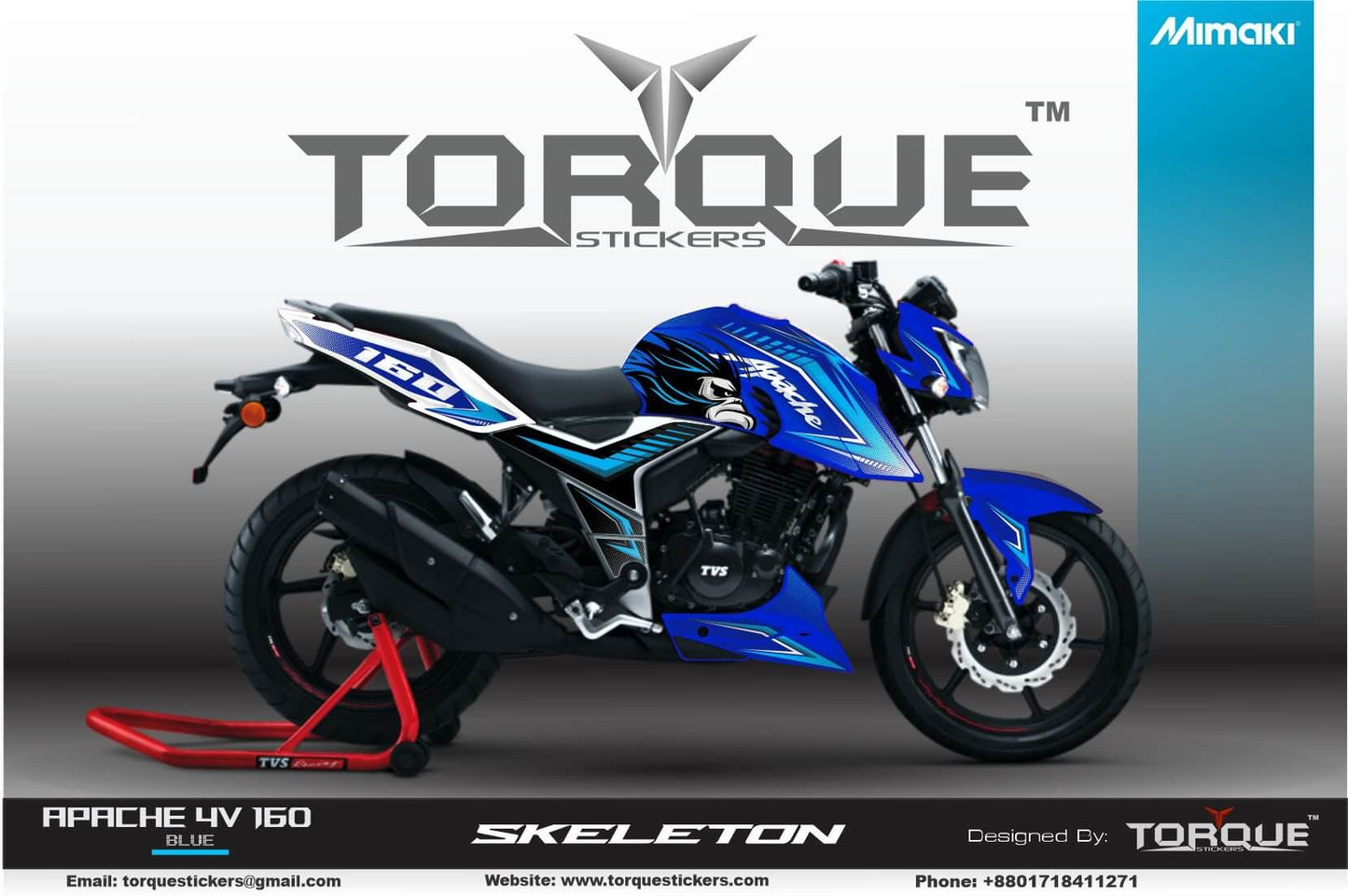 Apache 4V Ape decal Kit displayed on a blue and black motorcycle with Torque Stickers branding and contact info.