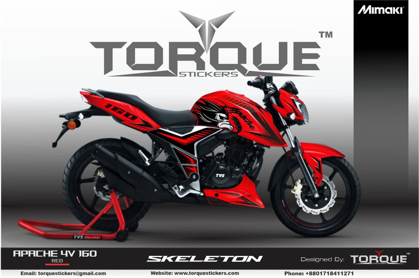 Red Apache 4v 160 RTR motorcycle with a black, white, and red decal kit featuring skeleton graphics. Product by Torque Stickers.