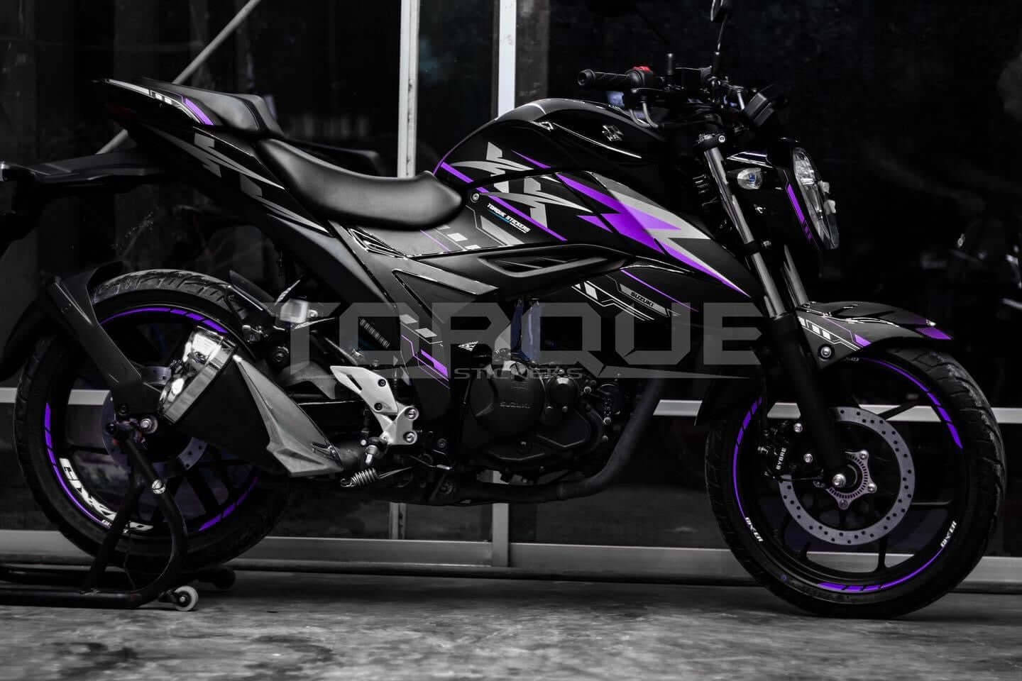 Gixxer FI XX motorcycle with custom purple and black decals, showcasing the Gixxer FI XX Decal Set on a product page.
