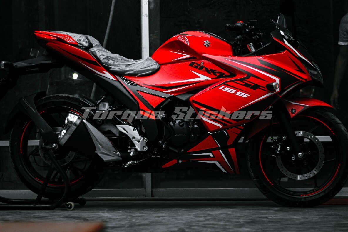Gixxer SF motorcycle with sporty red and black decal design showcased on product page.