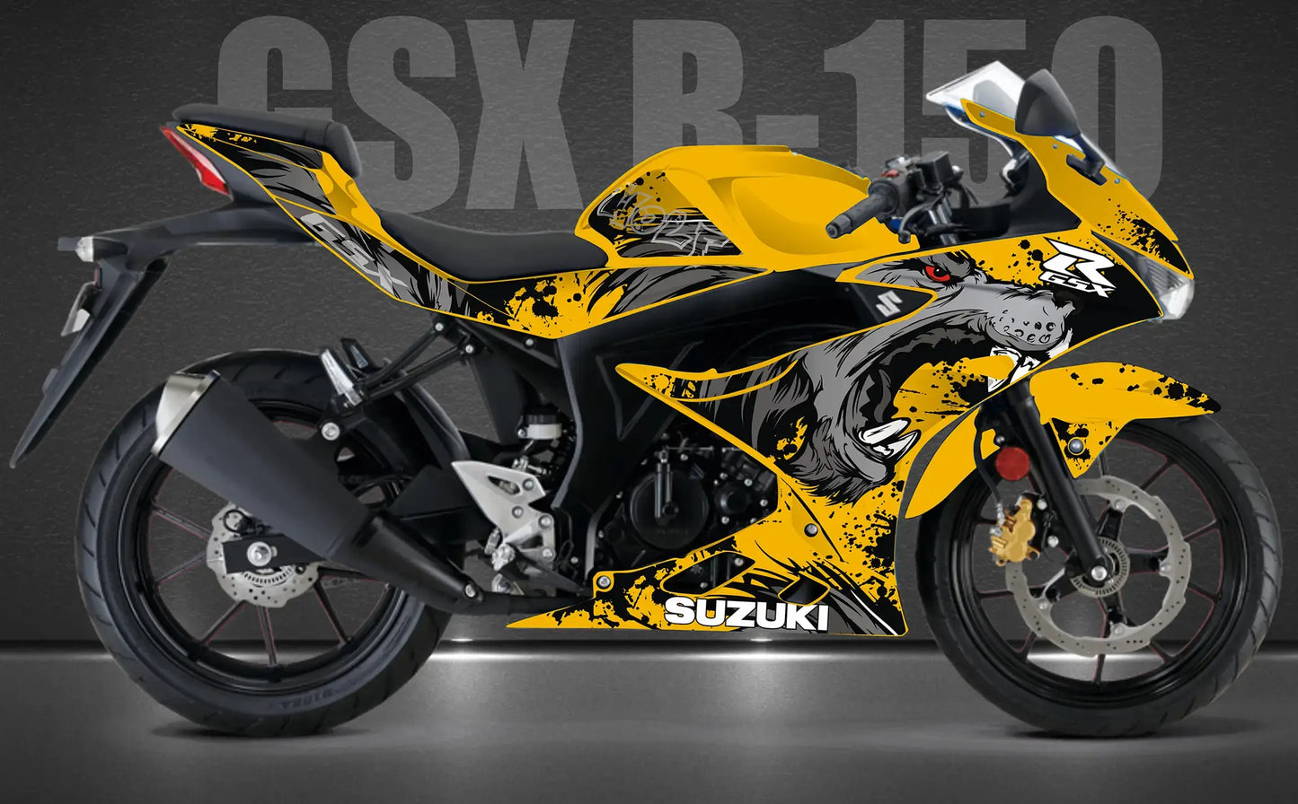 A Suzuki GSXR 150 motorcycle displaying a vibrant yellow and black Wolf Decal on its body, shown on the product page.