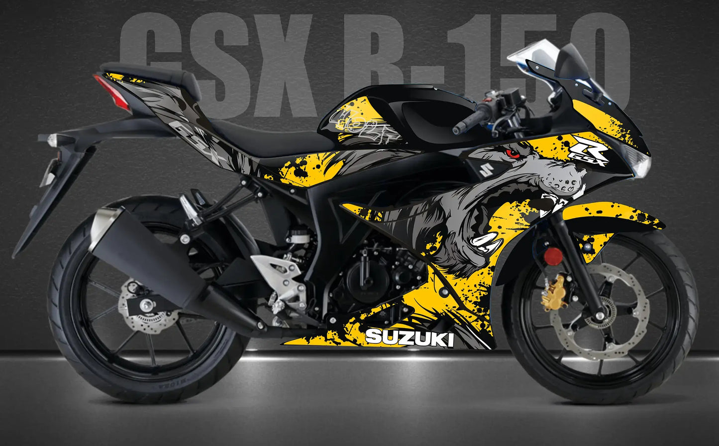 Image shows a GSXR 150 motorcycle with a custom Wolf Decal featuring black, yellow, and gray graphics.