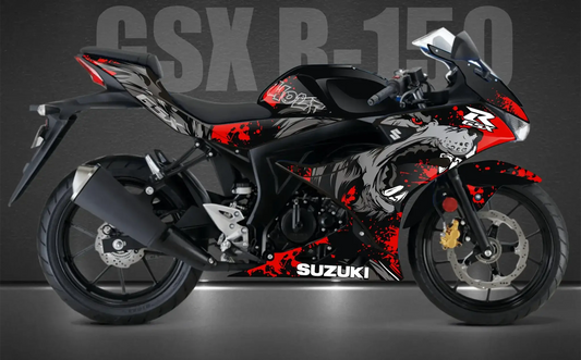GSX-R 150 Wolf Decal: Black and red sports bike with aggressive wolf graphics, emphasizing bold style and performance.