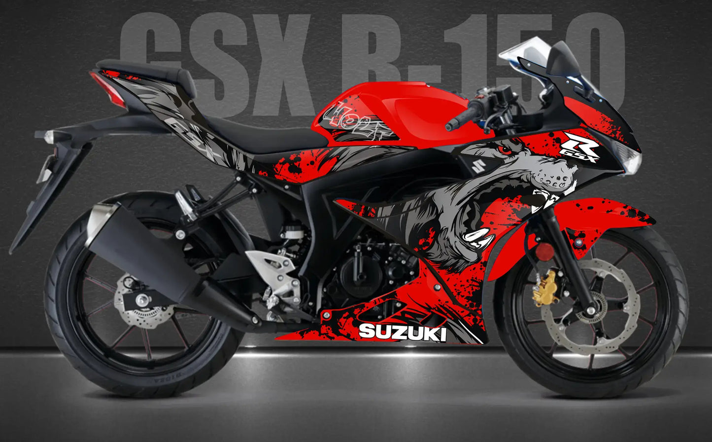 A red and black Gsxr 150 motorcycle with a Wolf Decal on the product page. "GSX R-150" is displayed in the background.