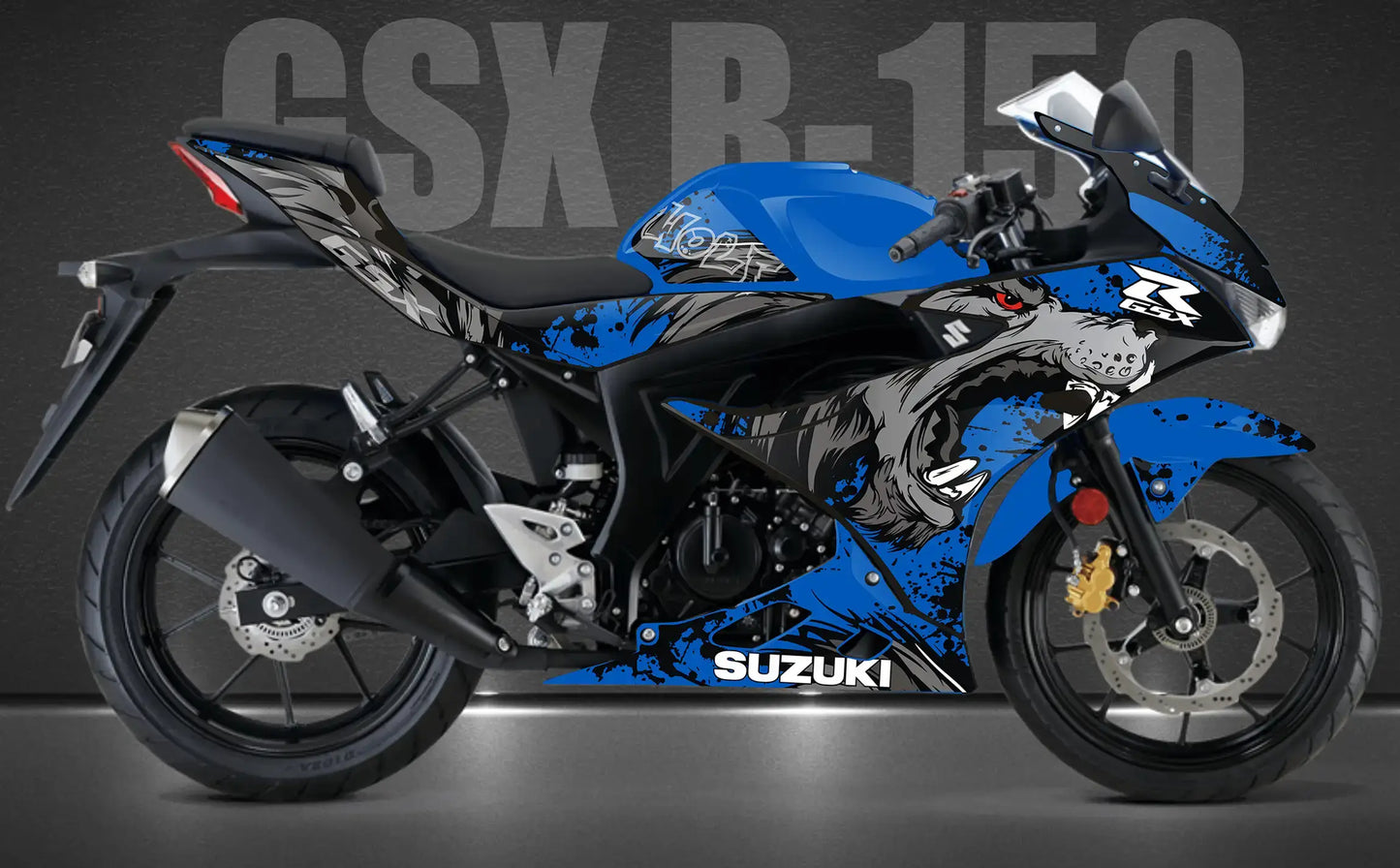 Suzuki Gsxr 150 motorcycle featuring a blue and black Wolf Decal on display, highlighting sleek design and dynamic graphics.