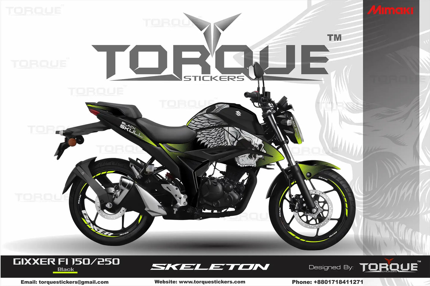 Gixxer FI 150/250 motorcycle with green and black Skeleton Decal Set by Torque Stickers.