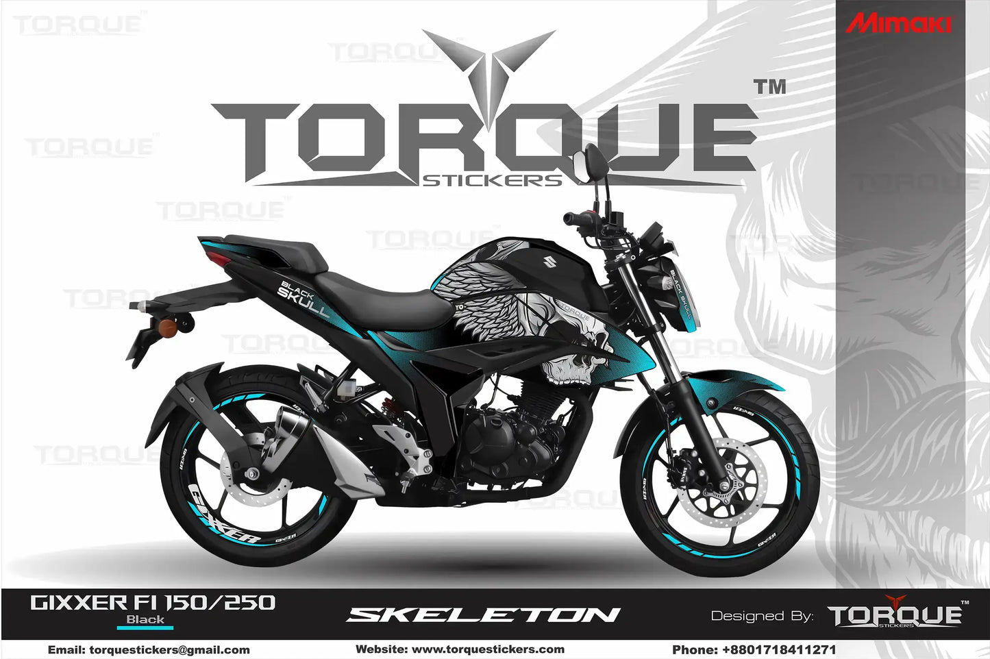 Image of a Gixxer FI 150/250 motorcycle with a Skeleton Decal Set, showcasing sleek and modern design on a product page for Torque Stickers.