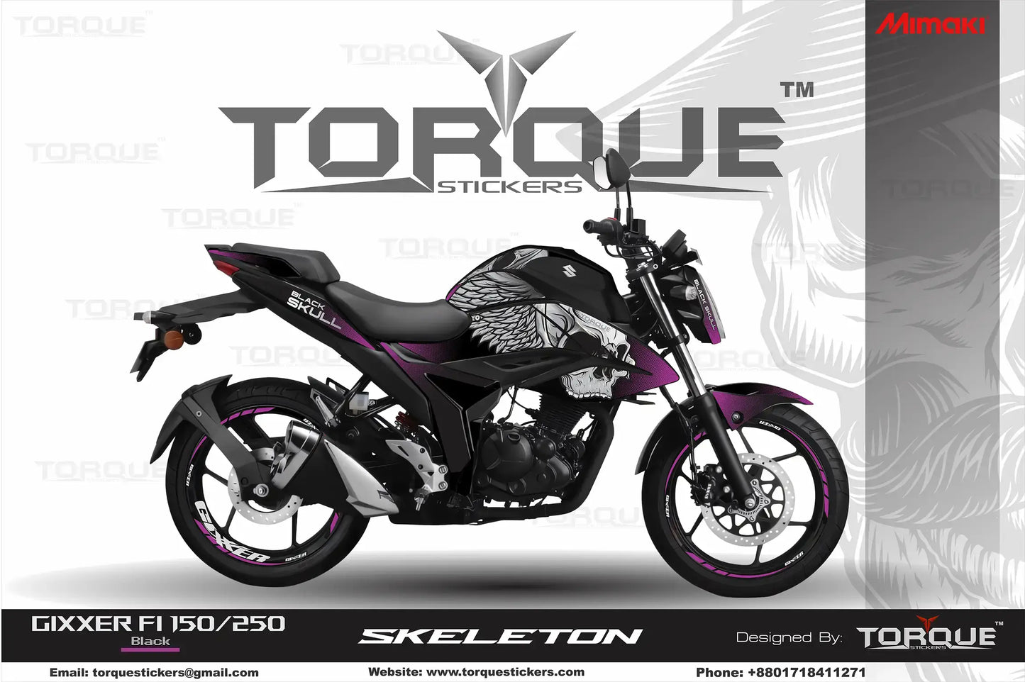 Gixxer FI motorcycle with Skeleton Decal Set from Torque Stickers. Black base with white and purple skeleton design on the tank.