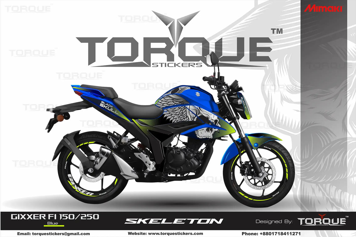 Blue Gixxer FI motorcycle adorned with the Skeleton Decal Set by Torque Stickers.