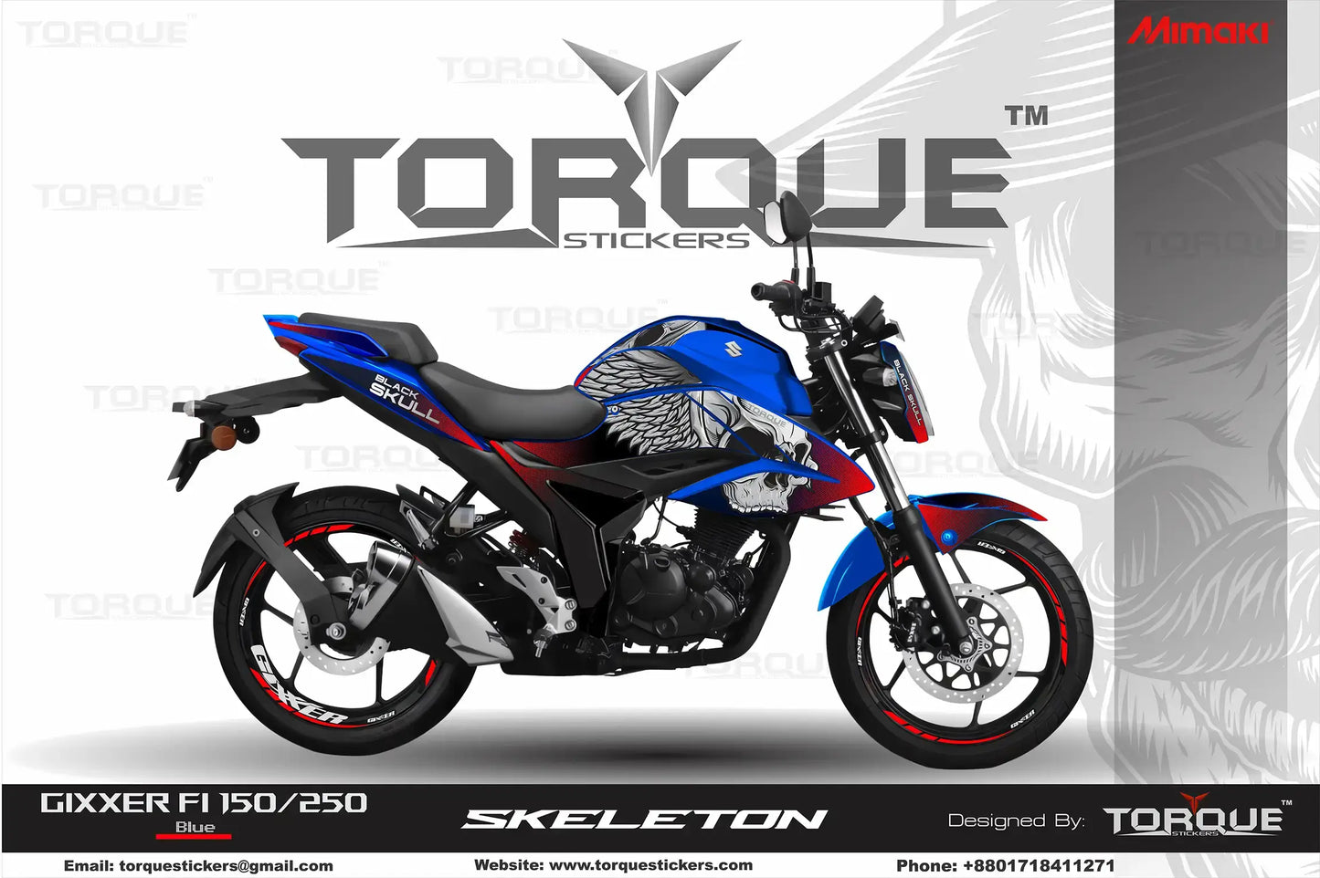 Image of a blue Gixxer FI motorcycle displayed with the Skeleton Decal Set on a product page for Torque Stickers.