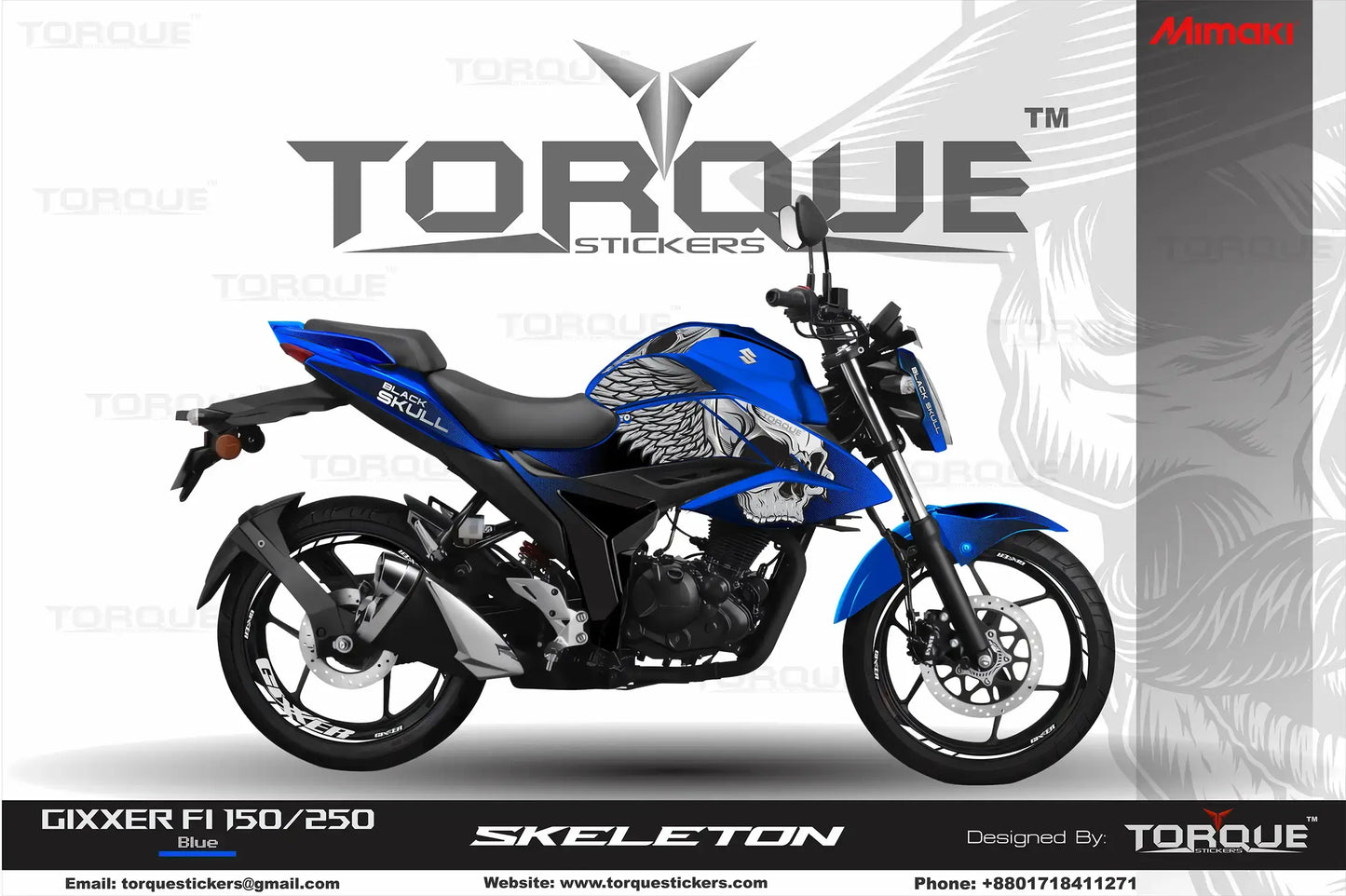 Image of a blue Gixxer FI motorcycle displaying the Skeleton Decal Set by Torque Stickers on a product page.