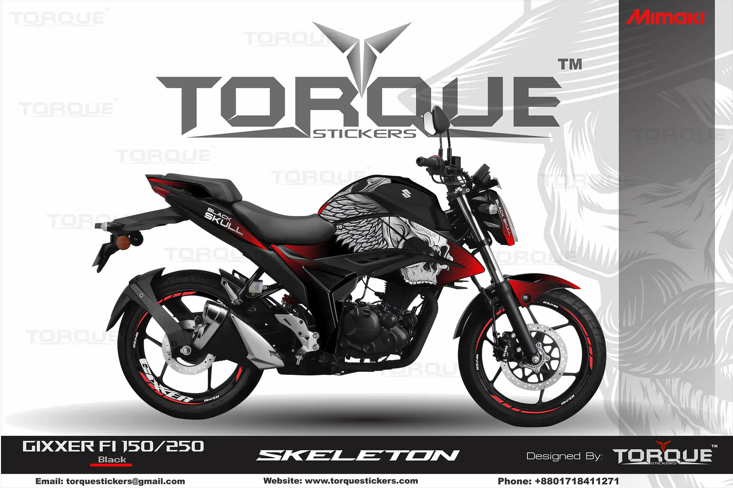 Gixxer FI Skeleton Decal Set displayed on a black and red motorcycle, showcasing the detailed skeleton design.