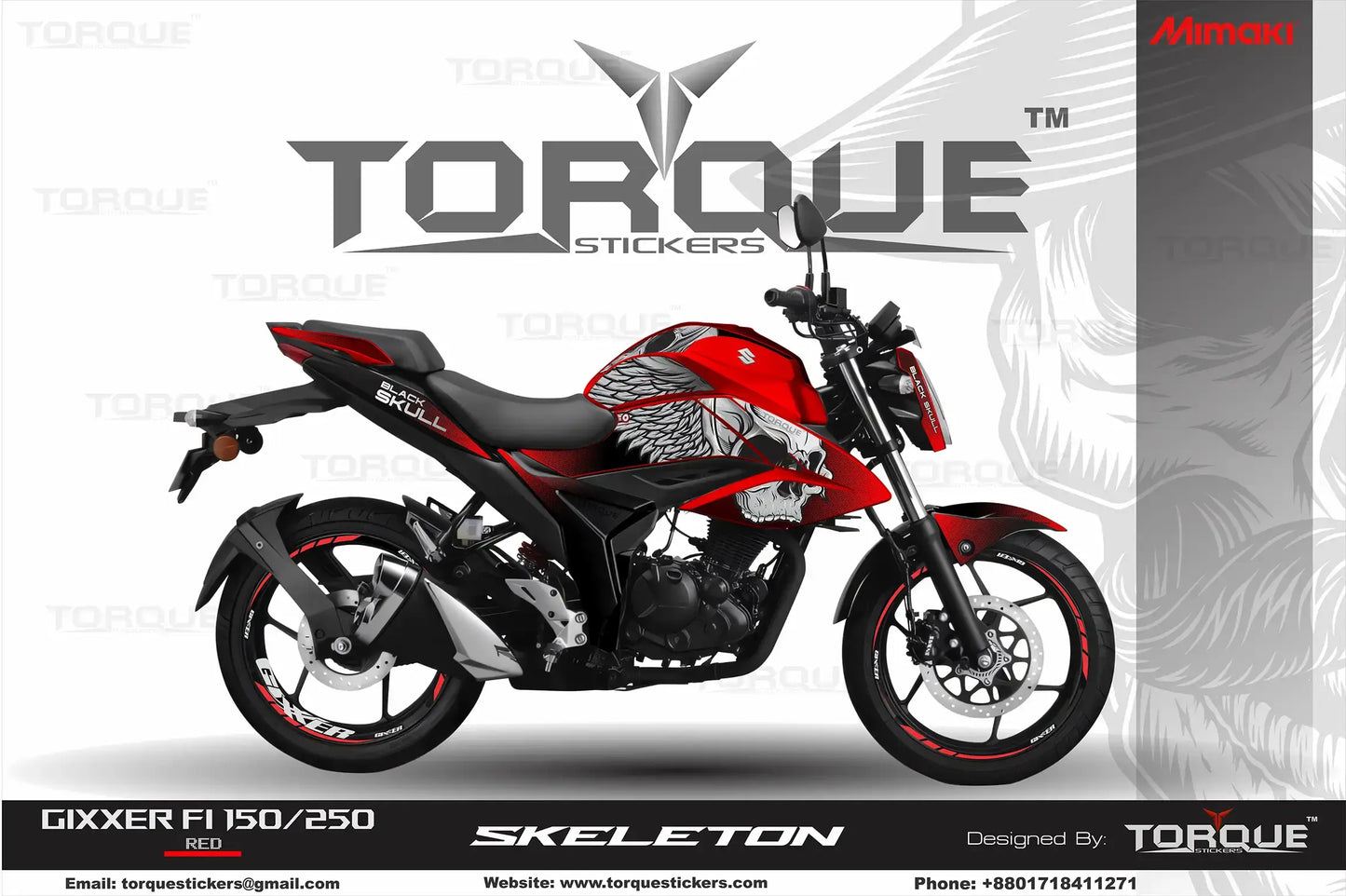 Gixxer FI 150/250 motorcycle with red and black Skeleton Decal Set shown on the Torque Stickers product page.