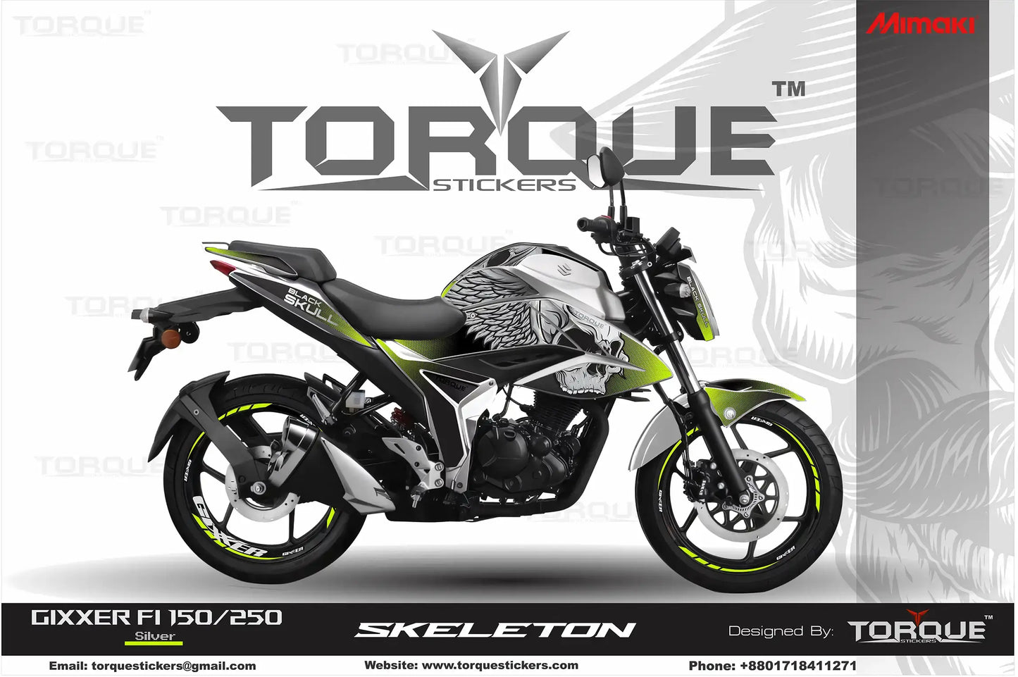 Gixxer FI Skeleton Decal Set displayed on a motorcycle, featuring black and white skeletal designs with neon green accents.