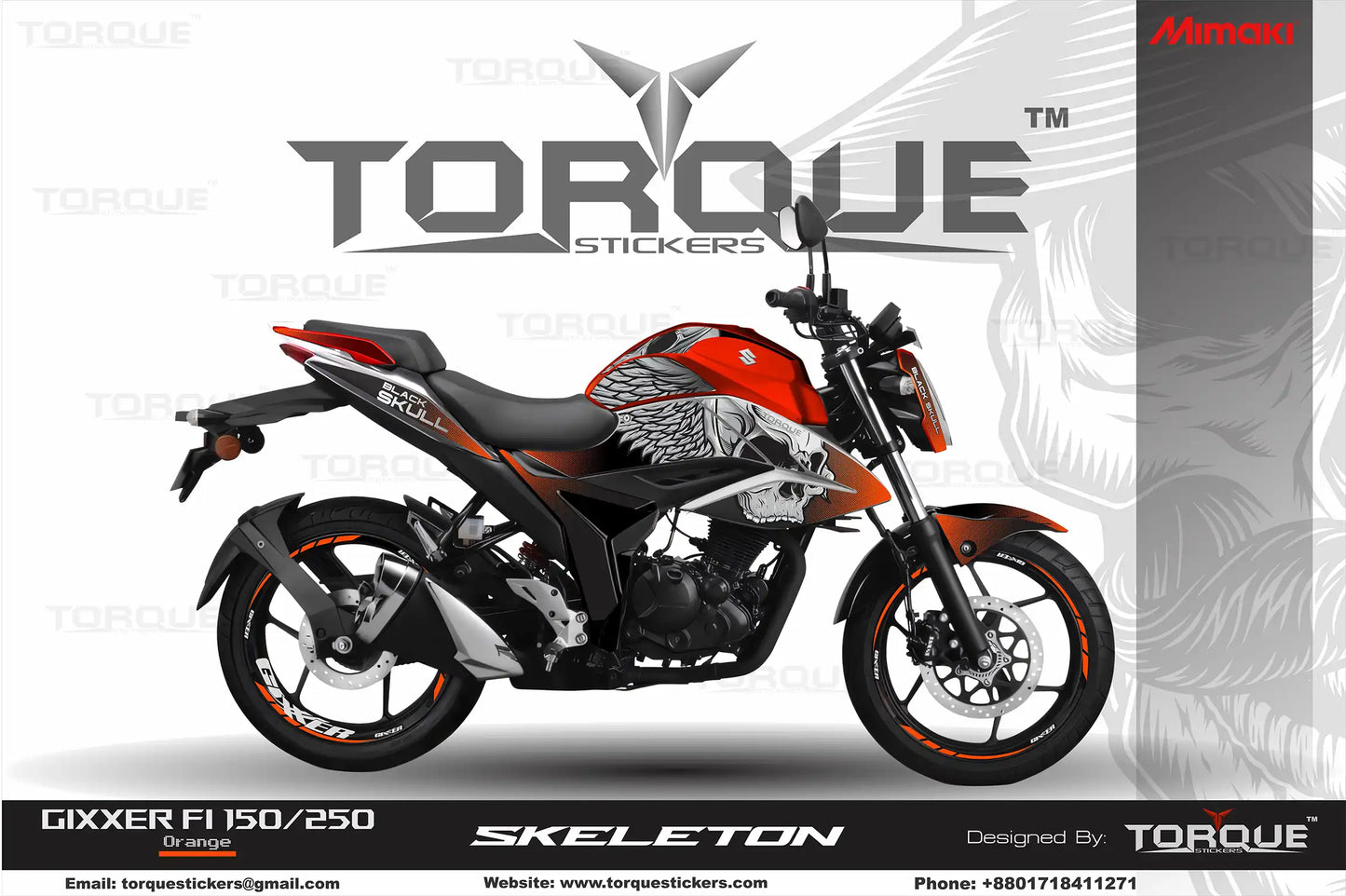 Gixxer FI motorcycle featuring the Skeleton Decal Set by Torque Stickers. Stylish orange and black design with intricate skeletal patterns.